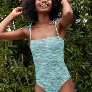Aerie Blue Pique One Piece Bandeau Cheeky Swimsuit Size Small